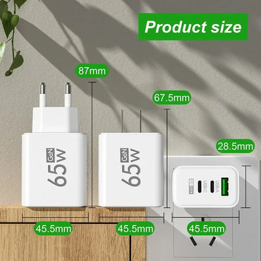 65W GaN USB-C PD Fast Charger — 3-Port USB-A/USB-C QC3.0 Power Adapter