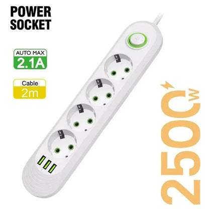 EU Plug 2m (6.6ft) 2500W Power Strip 3 EU Sockets 3 USB Fast Charging Surge Protector with On/Off Switch