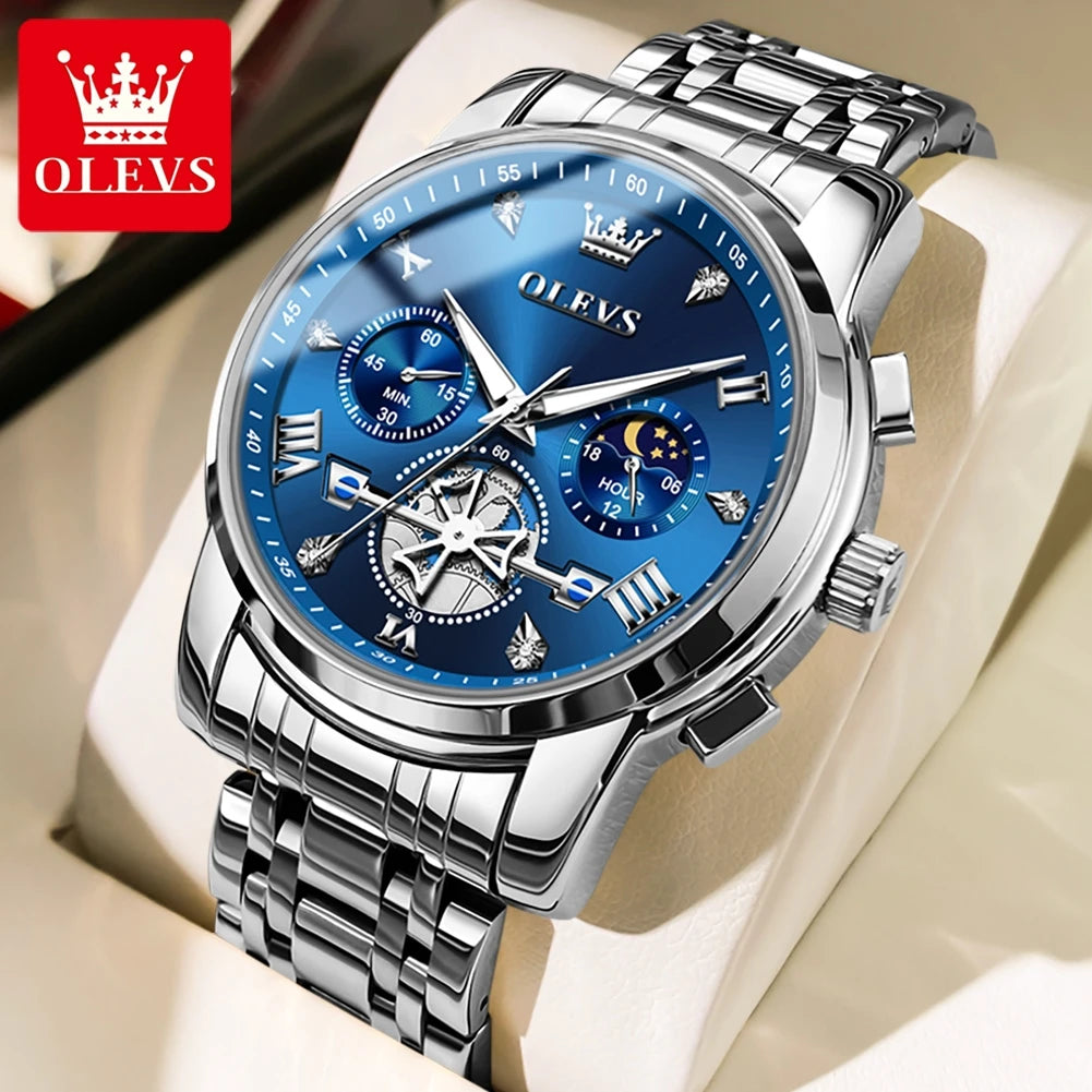 OLEVS 2856 Men's Skeleton Chronograph Watch - Flywheel Dial, Moon Phase, Steel Bracelet, 30m Water Resistant