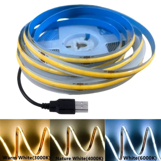 USB 5V COB LED Strip Light — 320 LEDs/m High-Density Flexible Tape, 0.5–5m (1.6–16.4ft), 3000K/4500K/6500K, CRI>90