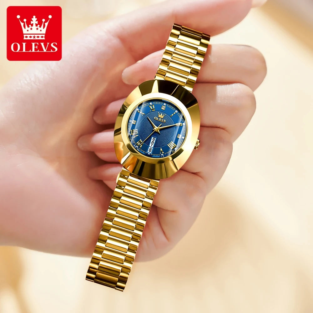 OLEVS 7008 Women's Gold Quartz Watch - 36.5mm Roman Numeral Dial, Date and Week Display, 30m Water Resistant