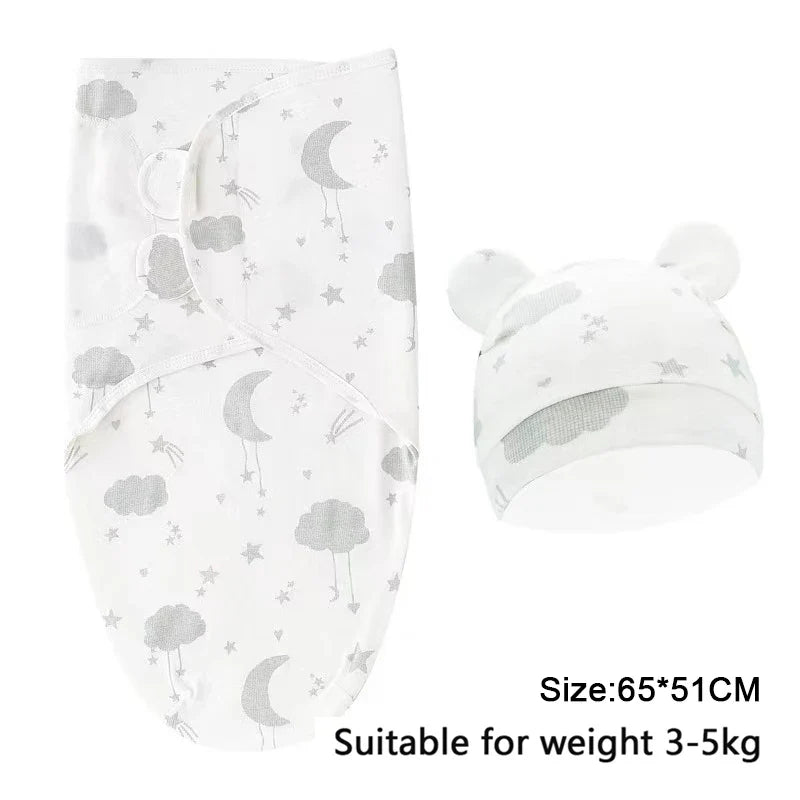 Baby Blanket Hat Set Cartoon Printed Cotton Newborn Swaddle Adjustable