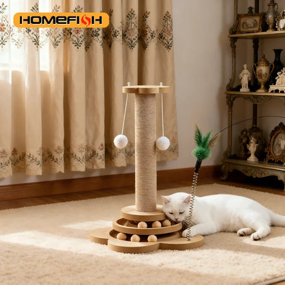 Solid Wood Cat Turntable Toy with Sisal Scratching Board and Rolling Ball - Interactive Cat Scratcher Column