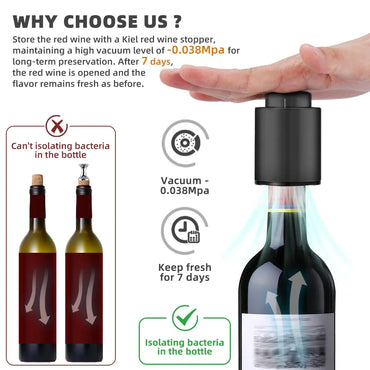 Vacuum Wine Bottle Stopper Pump — 1 or 2-Pack Push-Style Vacuum Seal with Date Marker, Reusable Wine Preserver (Black)