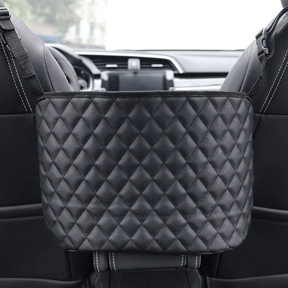 Leather Car Seat Middle Hanger Organizer – Large Capacity Between-Seats Handbag Holder with Tissue & Cup Pockets