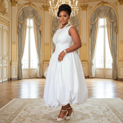 Women’s Sleeveless Bubble Hem Fit & Flare Ankle-Length Dress – Elegant White Formal Dress for Wedding Guest, Evening & Banquet, Sizes S–XXL