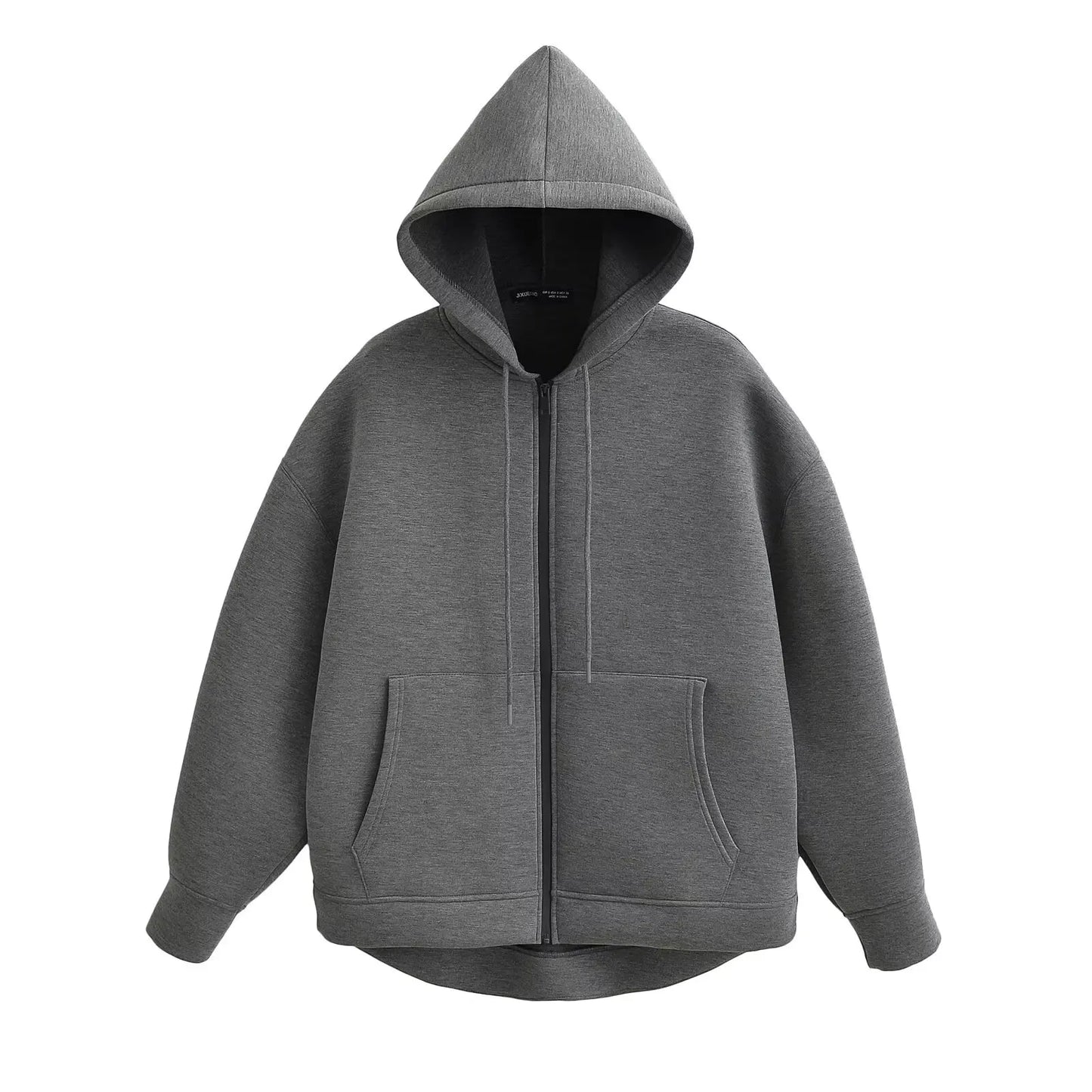 Women's Gray Hooded Zipper Jacket with Large Pockets Loose Long Sleeve Casual Coat