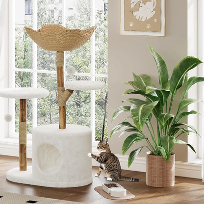 43" Wood & Rattan Multi-Level Cat Tree Tower - Large Cat, Multi-Level Perches, Floor Mount, Indoor, 28.74" x 17.32" Footprint