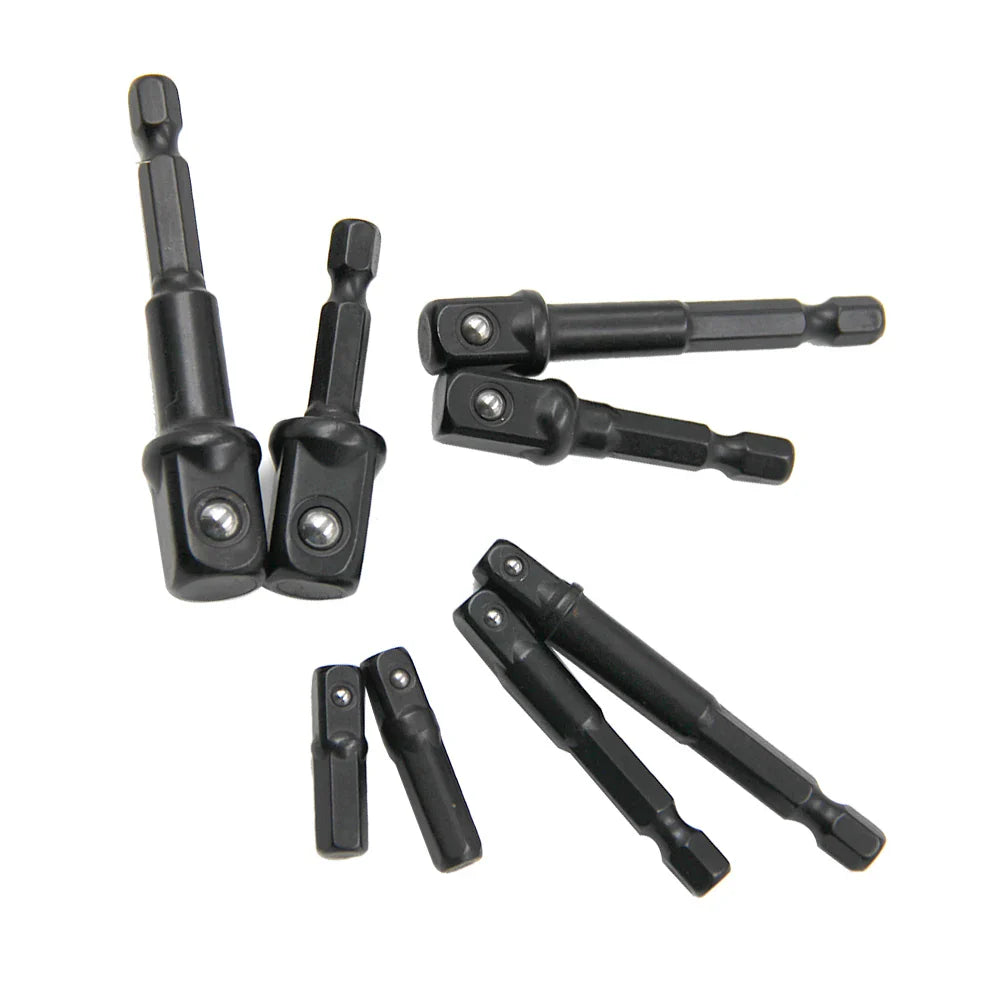 8-Piece Black Drive Adapter & Extension Rod Set for Screwdrivers — 1/4, 3/8, 1/2 in (6.35, 9.53, 12.7 mm), Assorted 25–73 mm