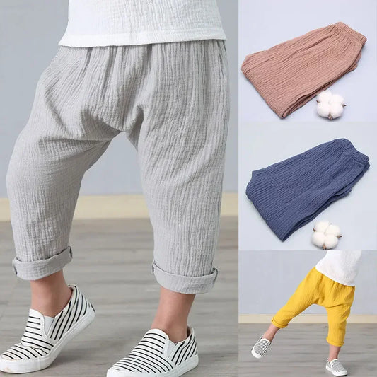 Kids Cotton Pleated Ankle-Length Pants – Toddler Boys Girls Casual Harem Trousers with Elastic Waist