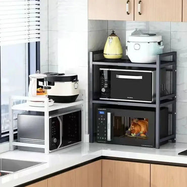 Adjustable Over-Microwave Shelf - Free-Standing Metal Kitchen Storage Rack & Detachable Spice Organizer