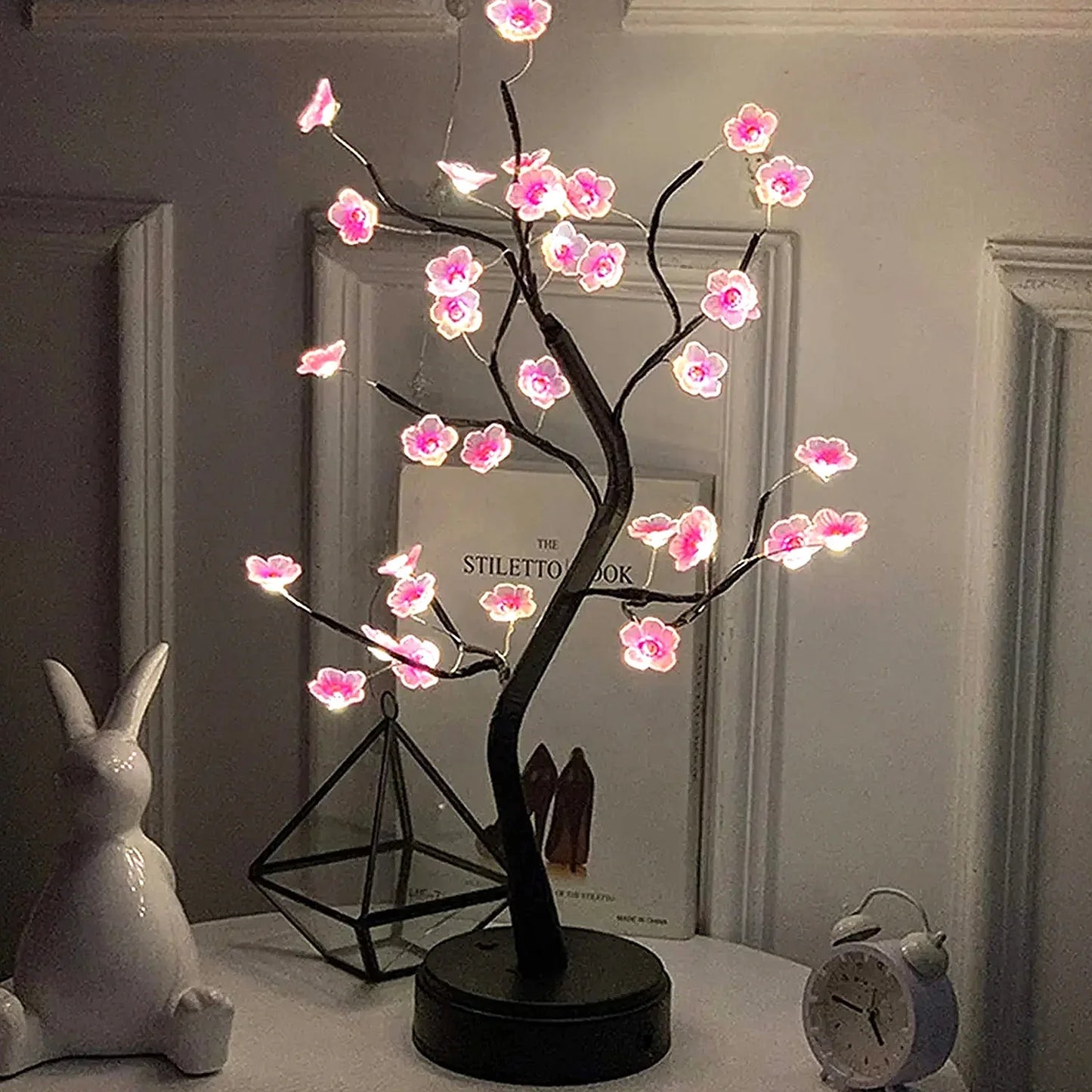 Cherry Blossom Bonsai LED Table Lamp 19.7in (50cm) USB or 3×AA Battery Powered Touch Sensor Night Light Tabletop Decorative Tree