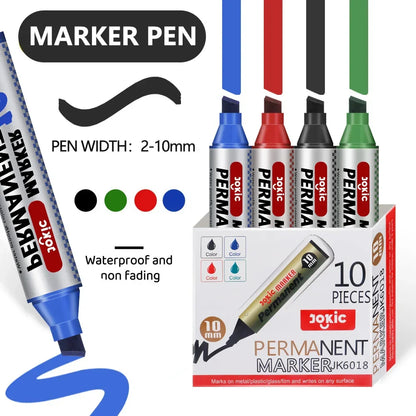 4-Pack Permanent Marker Pens - Waterproof Ink, Fine & 10 mm Chisel Tips, Black Blue Red Green