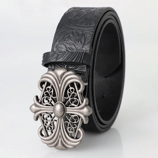 Retro Hollow Buckle PU Leather Belt - Vintage Punk Y2K Boho Style, Unisex, Black, 110cm / 120cm / 130cm