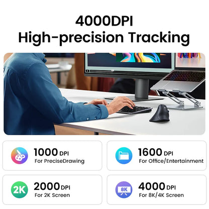 Vertical Ergonomic Wireless Mouse Bluetooth 5.0 & 2.4GHz, 4000 DPI, 6 Silent Buttons for MacBook Laptop Tablet PC