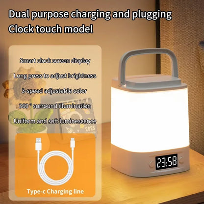 Rechargeable LED Night Light with Clock Display - USB Bedside Lamp, Touch & Remote, Adjustable Brightness & Color Temperature for Nursery & Reading