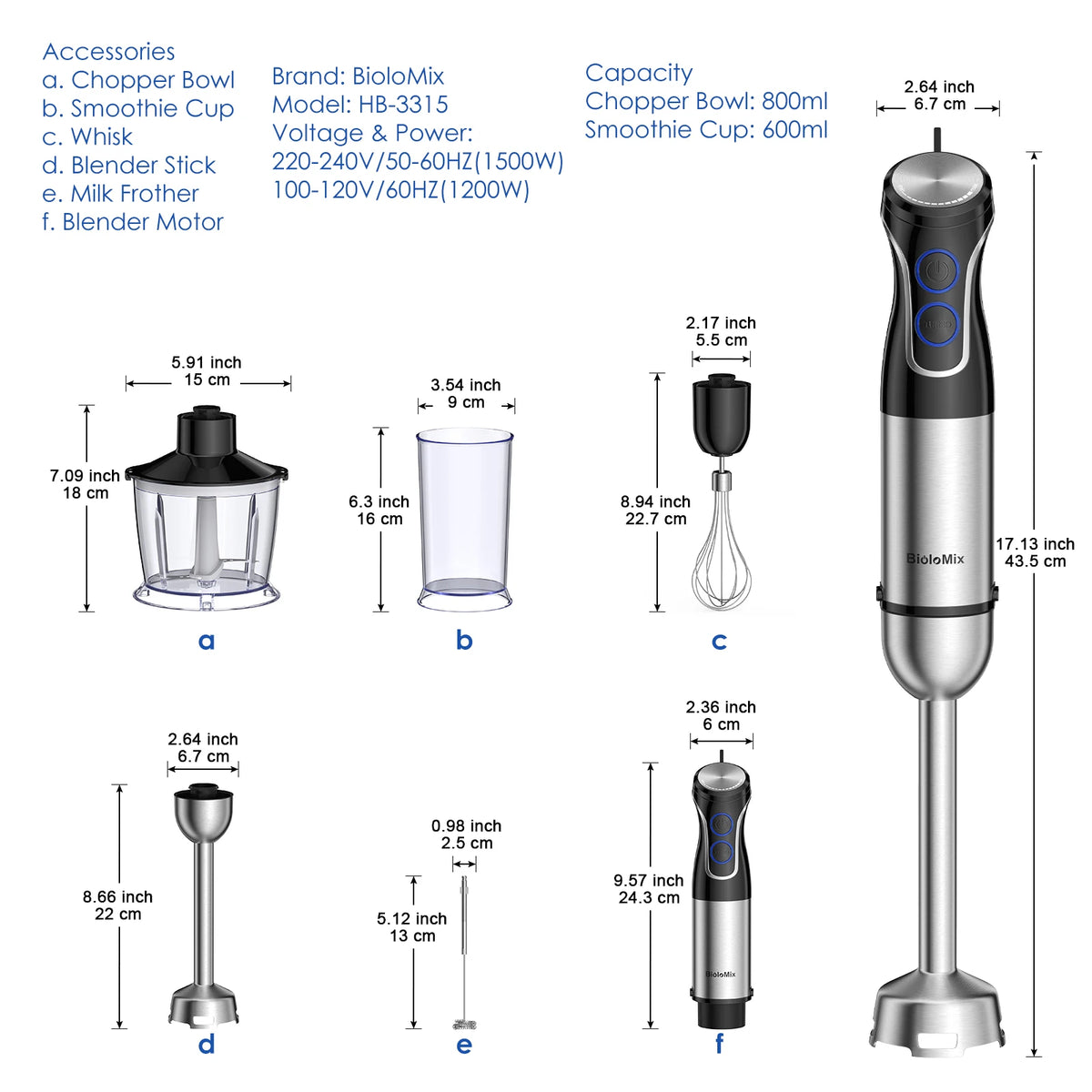 BioloMix HB-3315 5-in-1 Immersion Blender, 1500W