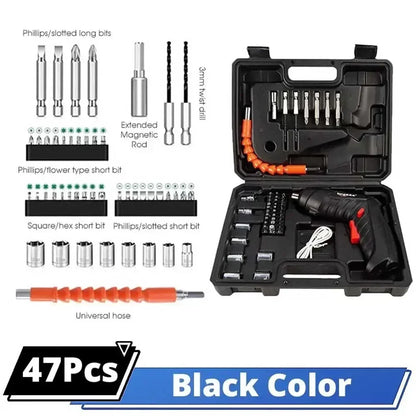 47-Piece Cordless Rechargeable Electric Screwdriver & Mini Drill — USB Charging, 1800mAh