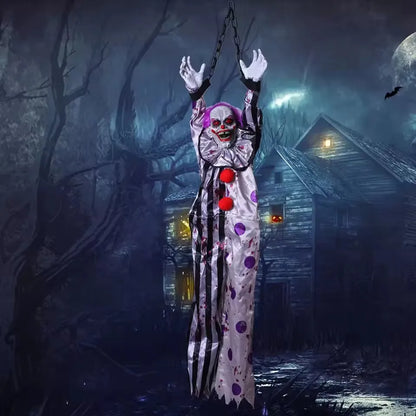 Animated Voice-Activated Hanging Ghost Clown Prop – 150cm Electric Vibrating Body, Glowing Eyes & Scary Sounds for Haunted House & Halloween Decor