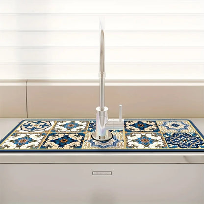 VIKAMA Premium Retro Pattern Kitchen Sink Splash Guard Faucet Mat Kitchen Countertop Absorbent Mat Bathroom Faucet Mat Drying Ma