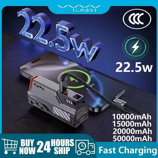 Detachable Power Bank 10,000–50,000mAh | 22.5W Fast Charge Replaceable Battery Pack with Built-In Cable