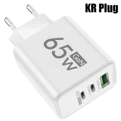 GaN 65W Fast USB-C PD Charger 2x USB-C + USB-A Quick Charge Wall Adapter EU/KR Plug