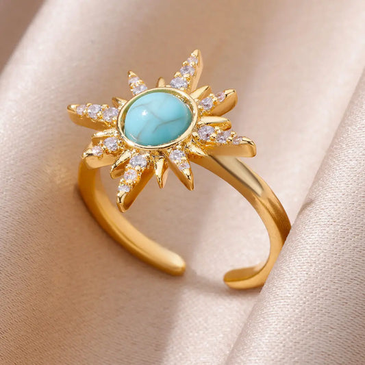 Blue Zircon Sun Stainless Steel Rings For Women Adjustable Gold Plated Aesthetic Ring Party Wedding Jewelry Gift BFF anillos