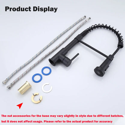 Pull-Down Spring Kitchen Faucet — Matte Black Brushed Stainless, 360° Swivel, Hot & Cold Mixer, Single-Handle Pull-Out