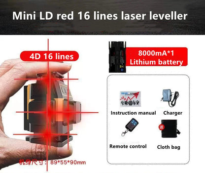 Mini 12/16-Line 3D/4D Self-Leveling Red Line Laser Level — 360° Horizontal & Vertical Cross, IP54, ±1mm/7m