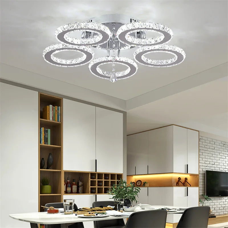 GreeLustr Modern LED Crystal Ring Chandelier – Dimmable Ceiling Pendant Light for Living Room, Bedroom & Dining Room (3 or 5 Rings)