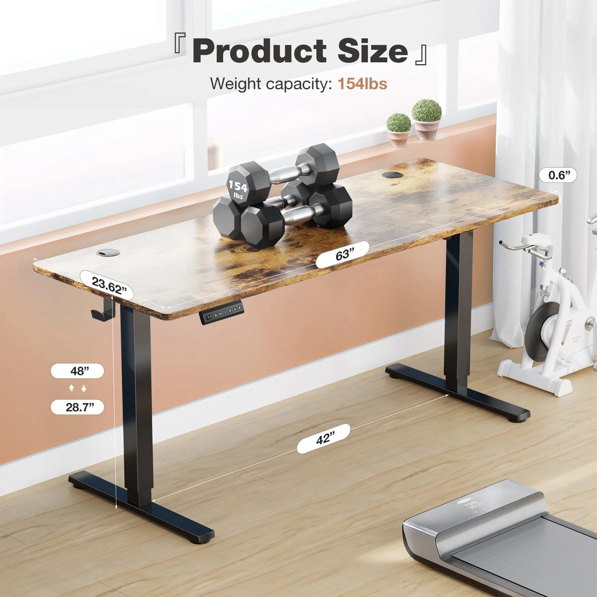 JHK 63" x 24" Electric Standing Desk - 28.35"-46.46" Height, 3 Memory Presets, 154 lbs Capacity, Anti-Collision, EPA/CARB, Oak/Black/White/Rust