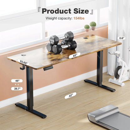 JHK 63" x 24" Electric Standing Desk - 28.35"-46.46" Height, 3 Memory Presets, 154 lbs Capacity, Anti-Collision, EPA/CARB, Oak/Black/White/Rust