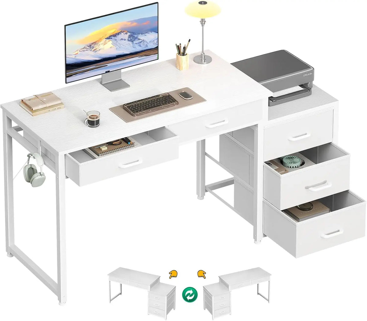 53" Computer Desk with 5 Drawers - Study Desk, Vanity Table, Home Office, Bedroom - Rustic Brown, Black, White