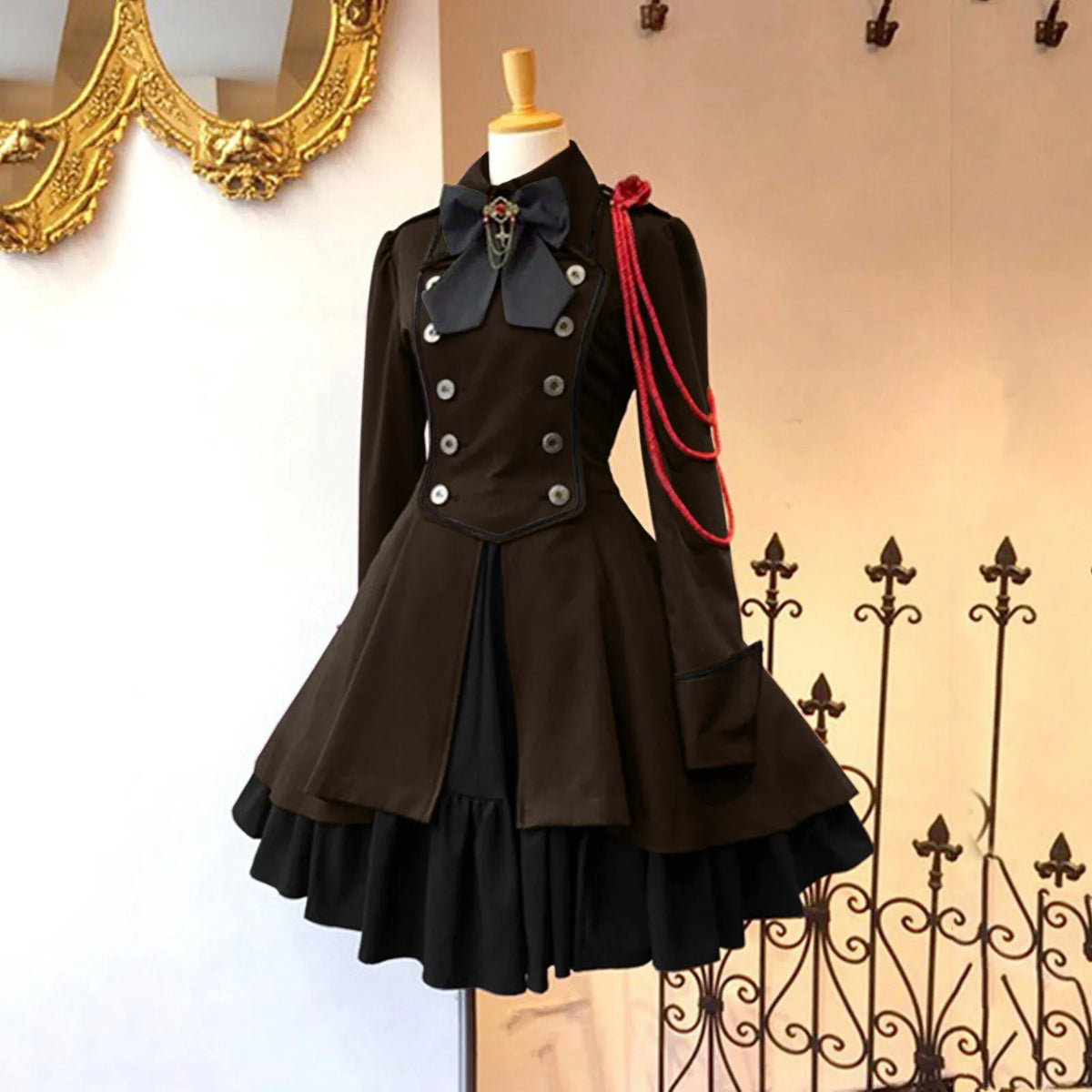 MAIGSWHOO Plus Size Gothic Lolita A-Line Princess Dress – Bow Collar, Trumpet Sleeve, Lace-Up Ruffles, Medieval Retro Style, S–5XL