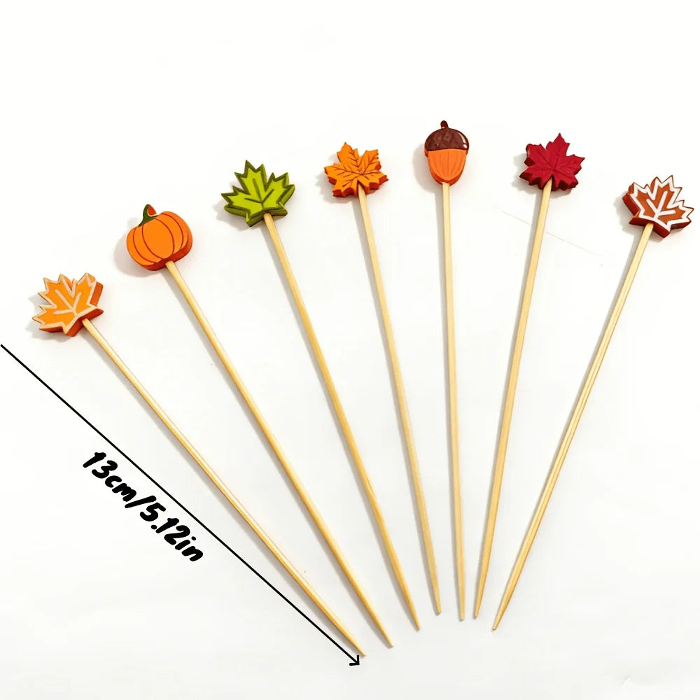 Autumn Harvest Food Picks – Set of 100 Mixed Bamboo Cocktail Sticks with Pumpkin, Maple Leaf & Acorn Shapes – Halloween & Thanksgiving Party Decor