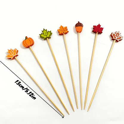 Autumn Harvest Food Picks – Set of 100 Mixed Bamboo Cocktail Sticks with Pumpkin, Maple Leaf & Acorn Shapes – Halloween & Thanksgiving Party Decor