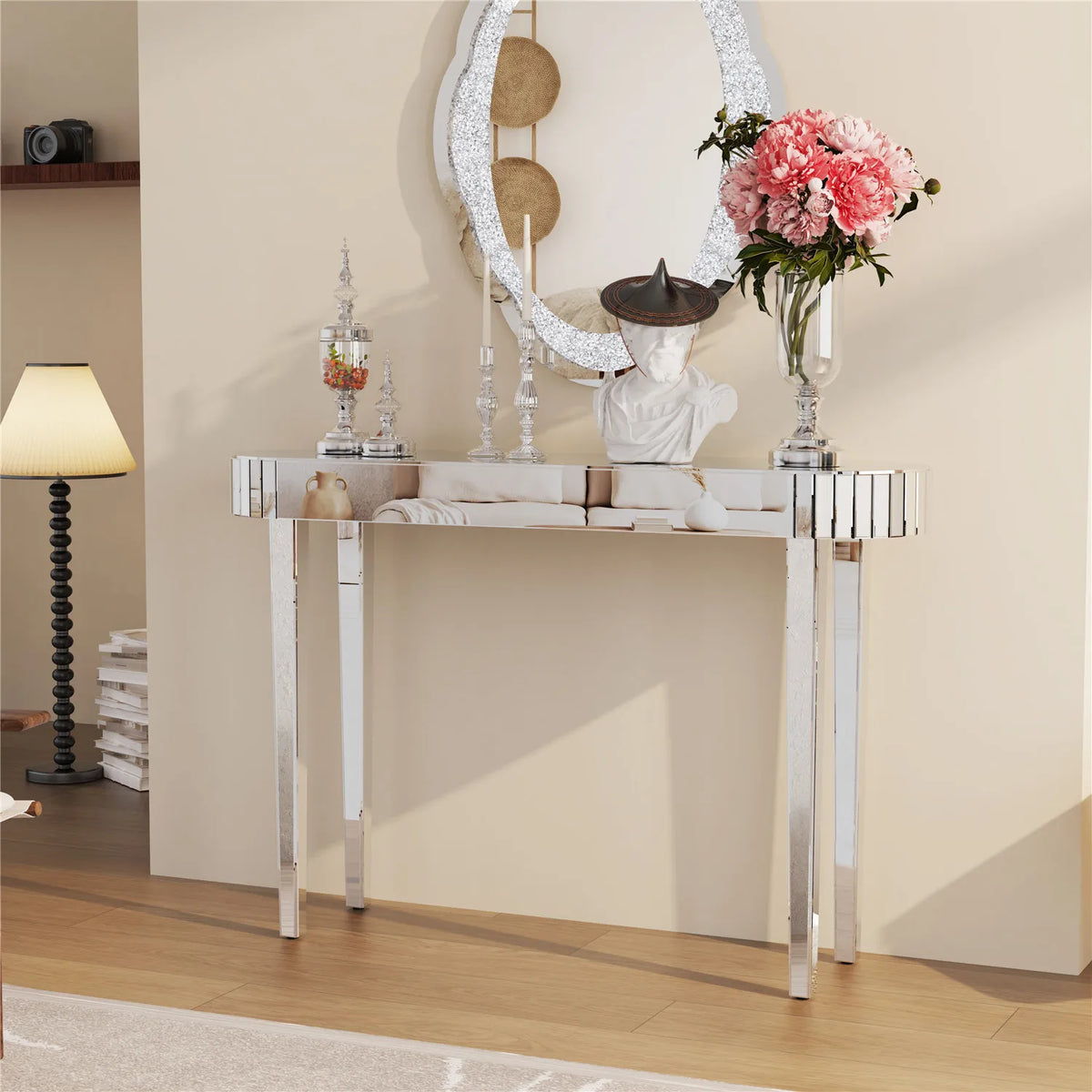 BINGOPAW Mirrored Console Table - 47.2" Silver Glass Entryway Hall Table, MDF + Glass, Modern Minimalist