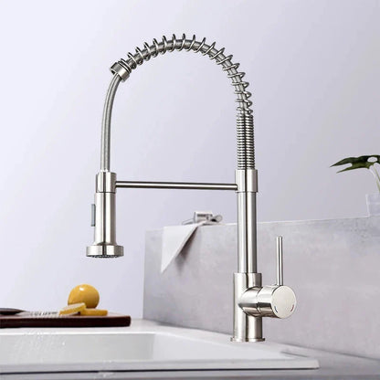 Brushed Nickel Pull-Out Kitchen Faucet — Deck-Mounted Single-Handle 360° Rotating Sprayer, Hot & Cold