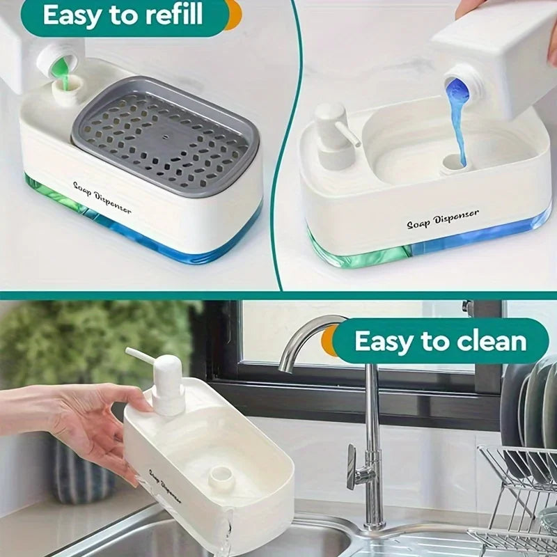 2-in-1 Kitchen Soap Dispenser with Built-In Sponge Holder Countertop Dish & Hand Pump