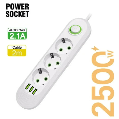 EU Plug 2m (6.6ft) 2500W Power Strip 3 EU Sockets 3 USB Fast Charging Surge Protector with On/Off Switch