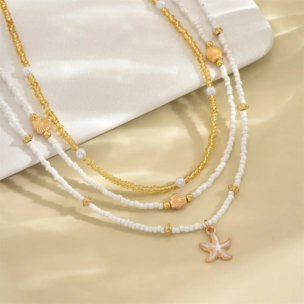 Bohemian Beaded Starfish & Shell Pendant Necklace – Layered Summer Beach Jewelry for Women