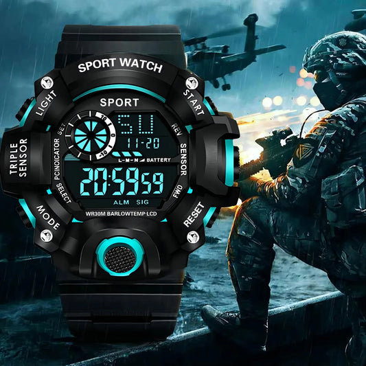 Men's Large Dial Digital Sports Watch – 55mm Waterproof Luminous Alarm Military Style