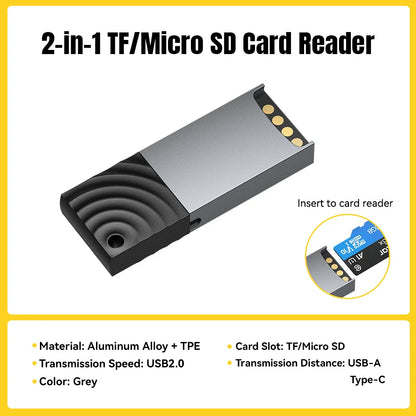 2-in-1 USB-C & USB 2.0 Micro SD/TF Card Reader Adapter - Mini Memory Reader for iPhone, iPad, MacBook & Android