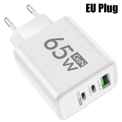 GaN 65W Fast USB-C PD Charger 2x USB-C + USB-A Quick Charge Wall Adapter EU/KR Plug