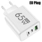 GaN 65W Fast USB-C PD Charger 2x USB-C + USB-A Quick Charge Wall Adapter EU/KR Plug