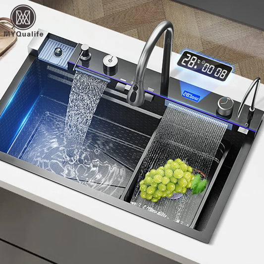 304 Stainless Steel Undermount Kitchen Sink Single Bowl 75 x 45 cm (29.5 x 17.7 in) Brushed Finish with Waterfall Faucet, Digital Display and Soap Dispenser