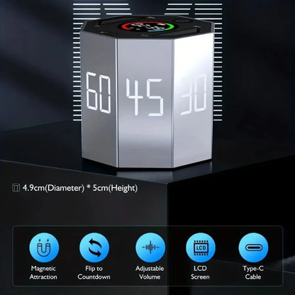 Pomodoro Flip Cube Timer - Magnetic Digital Visual Timer, Rechargeable USB-C, Silent Alarm for Study & Office Productivity
