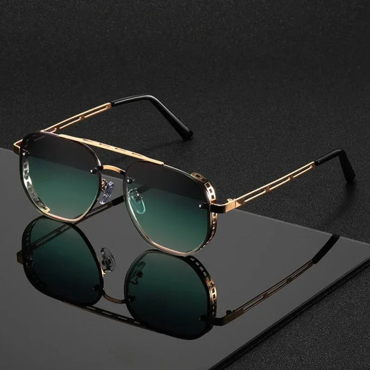OPUYYM KD8857 Double-Beam Metal Round Sunglasses - UV400 Mirror Lenses, Alloy Frame, Unisex, 4 Lens Colours