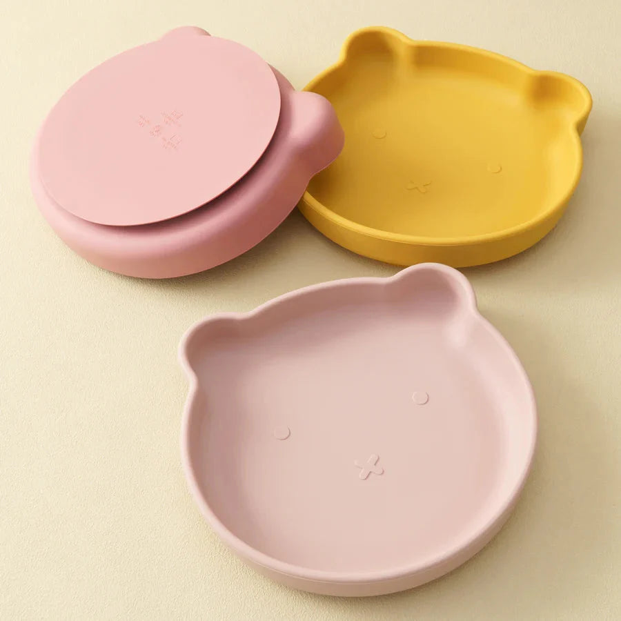 Silicone Baby Dishes Suction Plate Cartoon Bear Shape Tableware