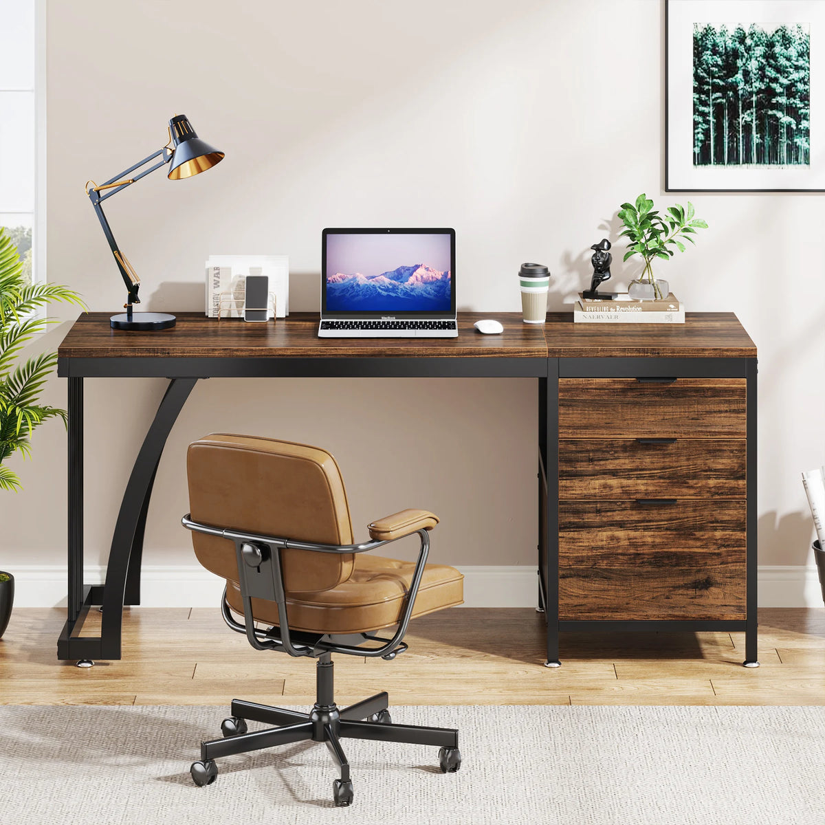 Tribesigns 59" Computer Desk with 3 Drawers - 59x19.68" Industrial Writing Table, Reversible Drawer Unit, Metal Frame, White/Rustic Brown/Walnut